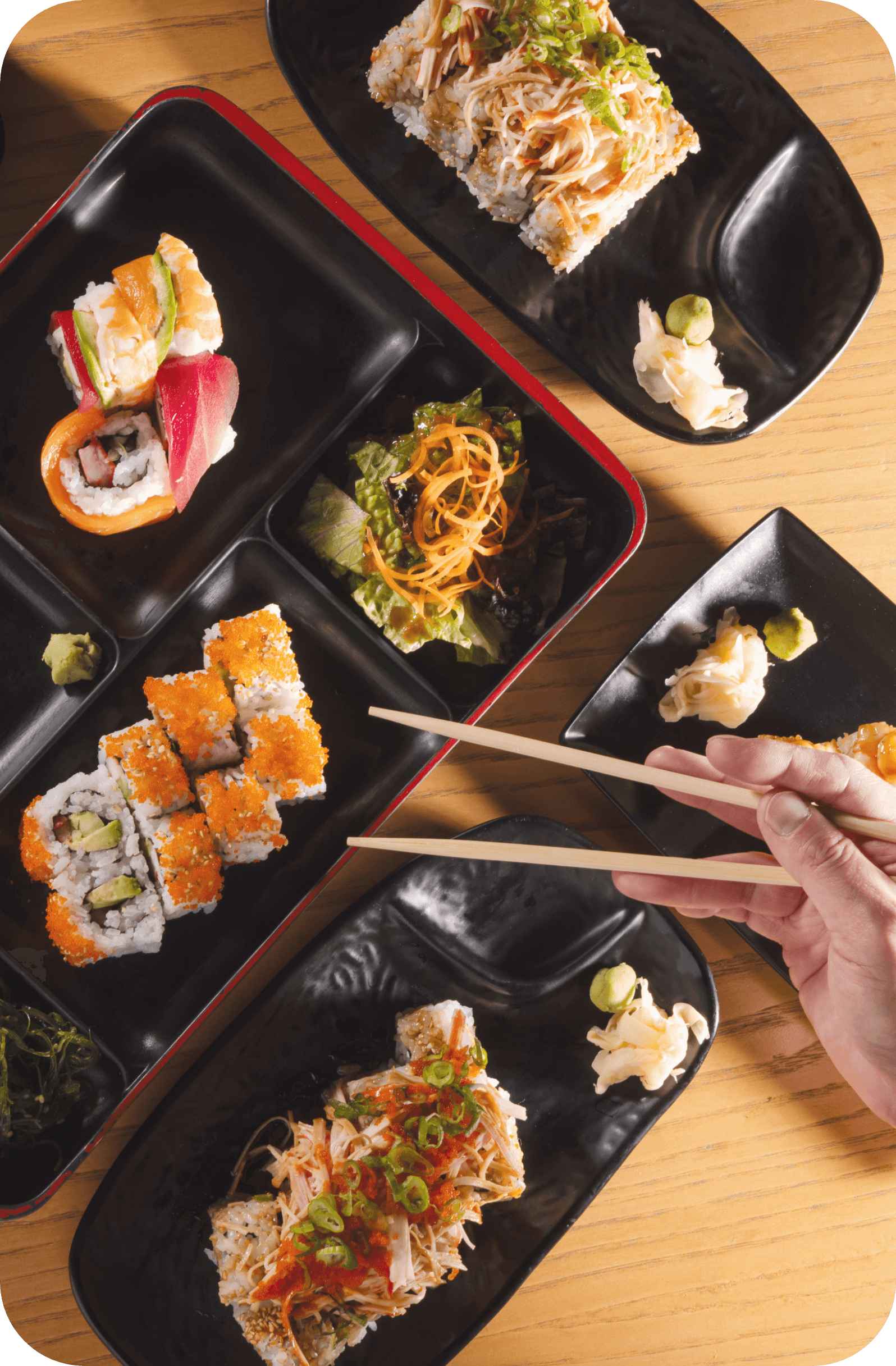 Assorted sushi rolls served on BENTO bento trays