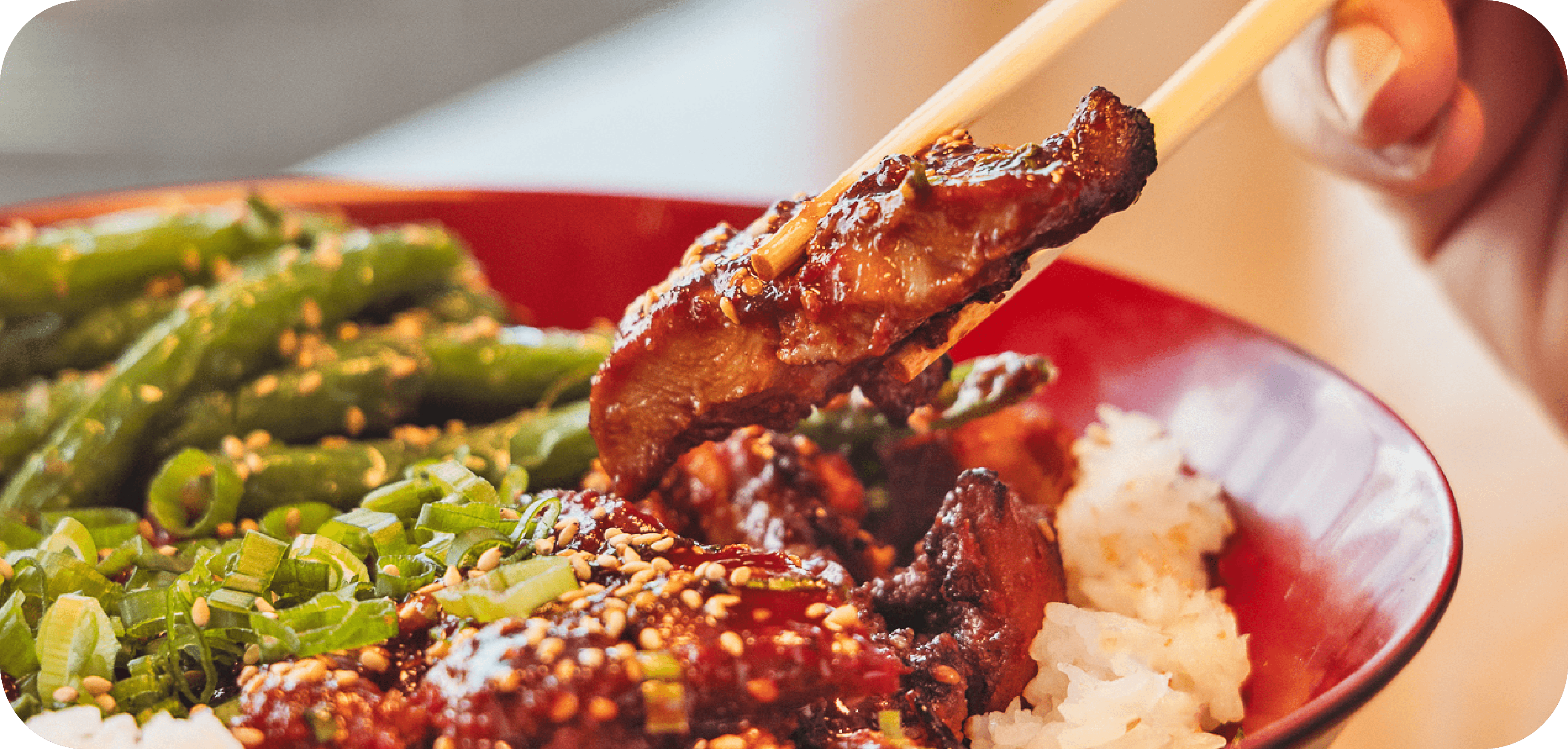 Glazed teriyaki rice bowl with green beans