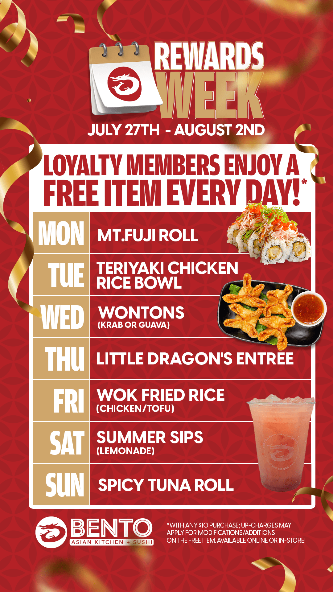 Rewards Week flyer — July 27 through August 2. Loyalty members enjoy a free item every day with any $10 purchase. Daily free items include Mt. Fuji Roll, Teriyaki Chicken Rice Bowl, Wontons, Little Dragon's Entree, Wok Fried Rice, Summer Sips lemonade and Spicy Tuna Roll.