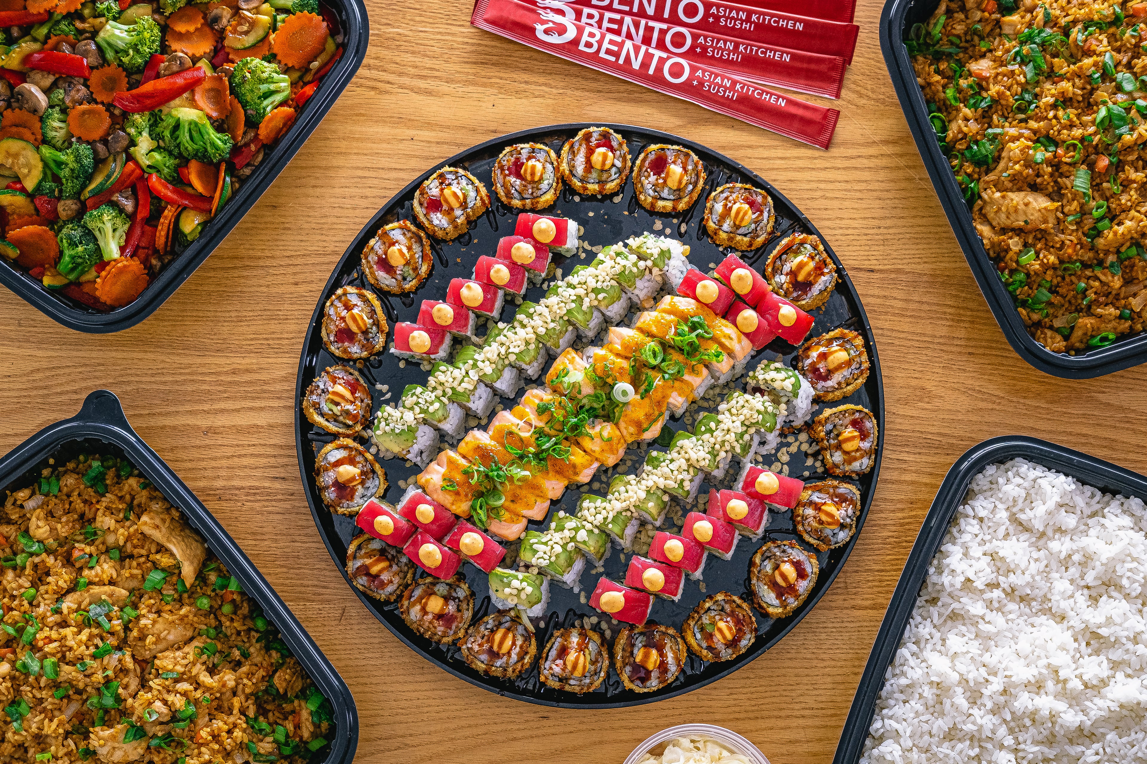 Sushi catering platter with assorted rolls