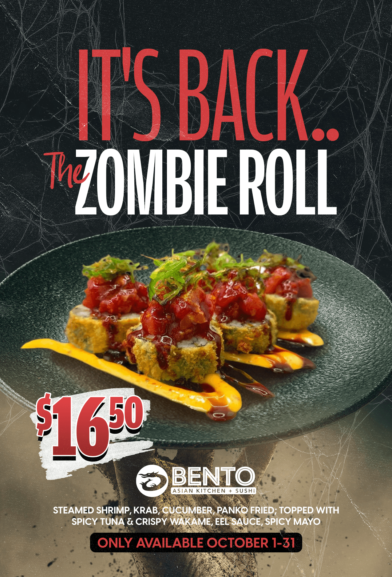 Zombie Sushi Roll with spicy tuna, shrimp, krab, and crispy wakame